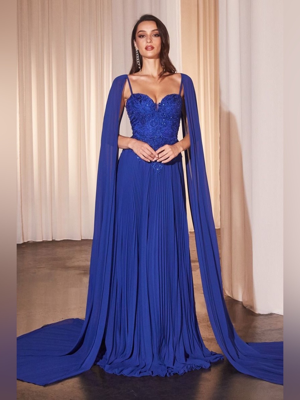 Royal Blue PLEATED A-LINE GOWN WITH CAPE SLEEVES